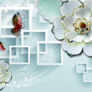 3D фотообои "Белые цветы с белыми квадратами"