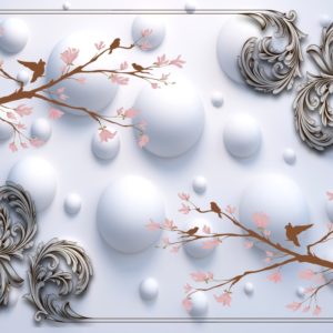 3D фотообои "Веточки с птицами и белыми шарами "