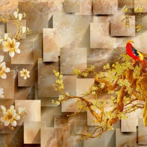 3D фотообои "Красная птица на мраморной стене"