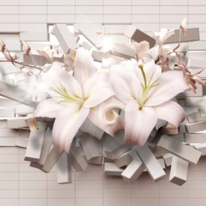3D фотообои "Белые лилии на белом кирпиче"