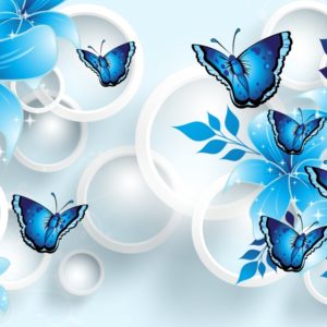 3D фотообои "Голубые бабочки с белыми кругами"
