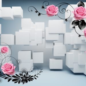 3D фотообои "Белые геометрические фигуры с розами"