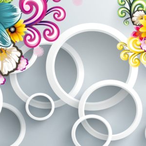 3D фотообои "Белые кольца с яркими цветами"